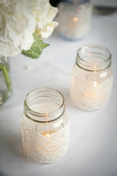 DIY lace wrapped masno jar votive holders wedding