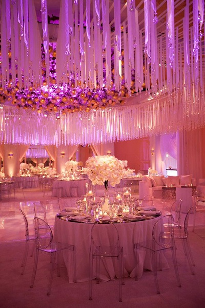Hanging wedding decor pink uplighting