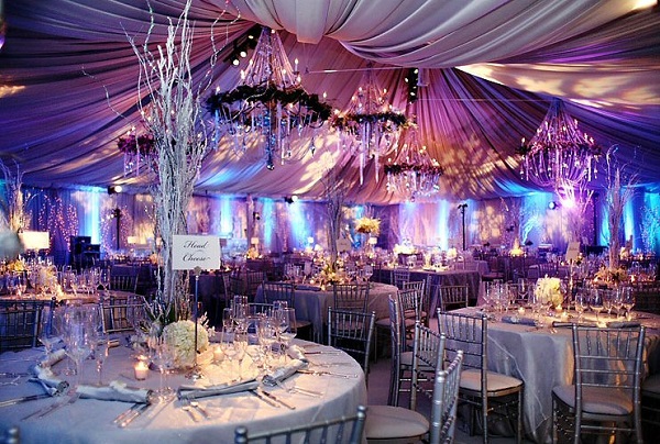 blue purple silver uplighting wedding reception decor