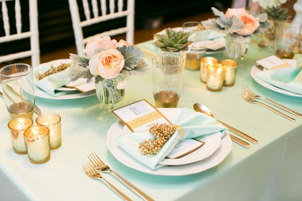 mint peach gold wedding table setting