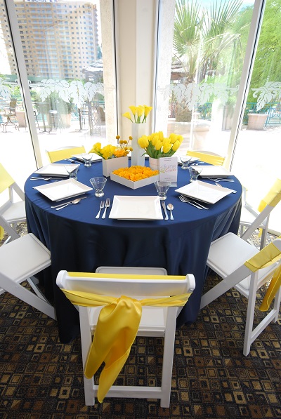 navy yellow white wedding table setting