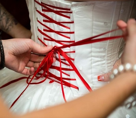 red corset ribbon wedding dress