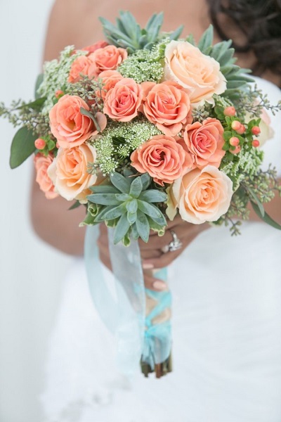 mint green peach wedding flower bouquet