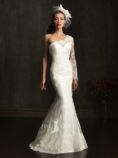 one shoulder lace wedding dress