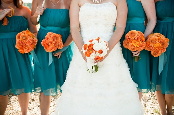 bridesmaid dresses bouquets teal tangerine orange